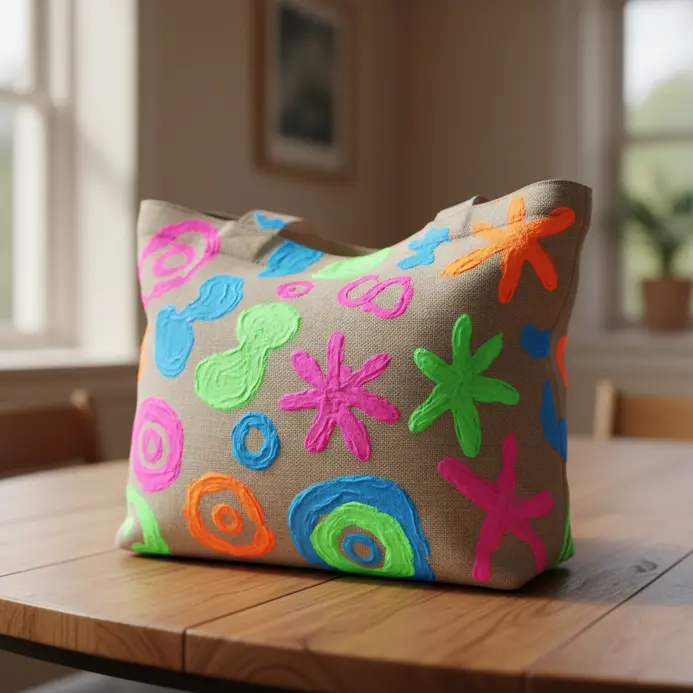 A plain canvas tote bag decorated with large streaks of neon fabric paint.