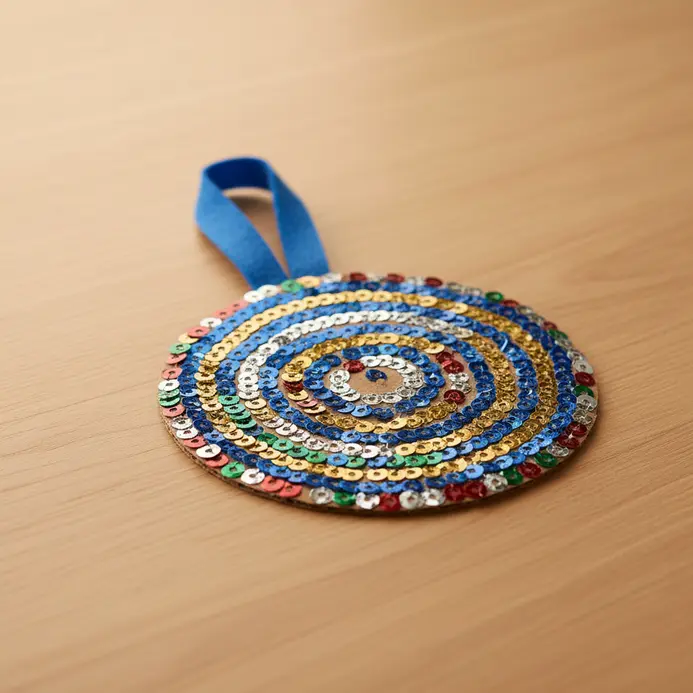 A circular cardboard cut-out heavily decorated with shiny sequins and a ribbon attachment.