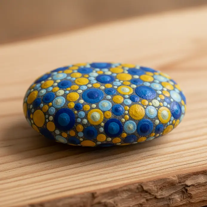 A smooth river stone coated in thick blue and yellow acrylic paint dots.