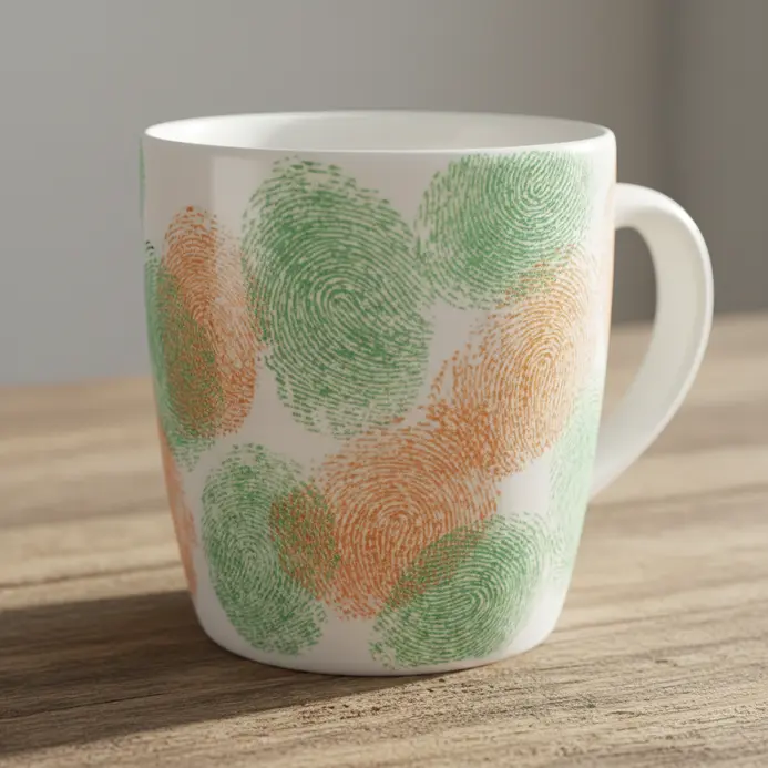 A white ceramic mug covered in green and orange fingerprint patterns around the lower half.