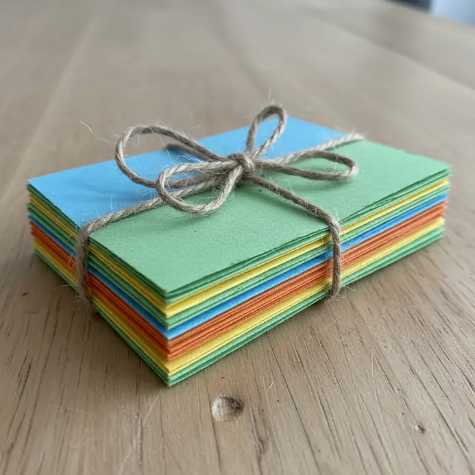 A stack of brightly colored construction paper rectangles bound with twine.