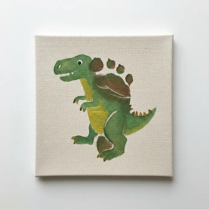 A green painted footprint transformed into a dinosaur shape on a square canvas.