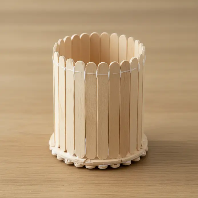 A cylindrical pen holder constructed from vertically arranged wooden craft sticks pasted together.
