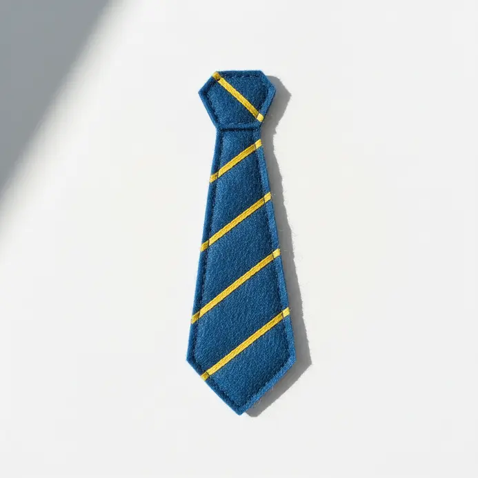 A slender necktie shape cut from blue felt with striped yellow accents.