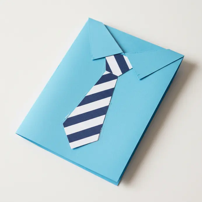 A folded cardstock rectangle styled to look like a collared shirt with a red tie.
