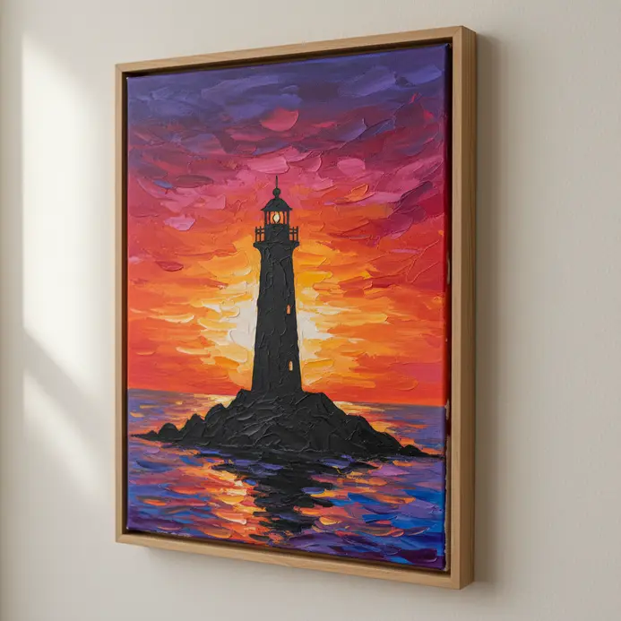 A black lighthouse silhouette set against a sky blending from orange to purple at sunset in an acrylic painting.