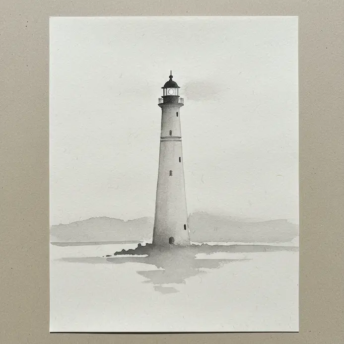 A simple lighthouse outline with subtle ink wash gradients against a plain background for a minimalist effect.