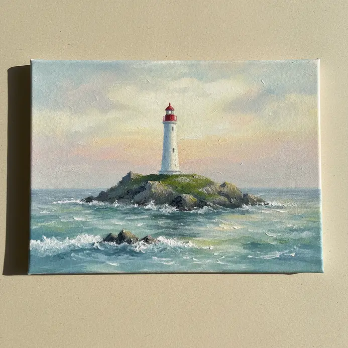 A small lighthouse on a distant island created with sponge-painted textures for a soft, blended look.