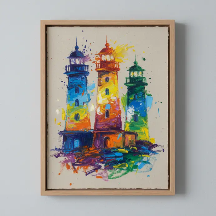 Abstract forms representing a lighthouse in vibrant oil pastel colors on a textured paper surface.