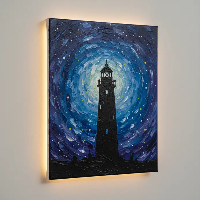 A crisp lighthouse shape stenciled onto a dark blue background dotted with white stars in an acrylic painting.