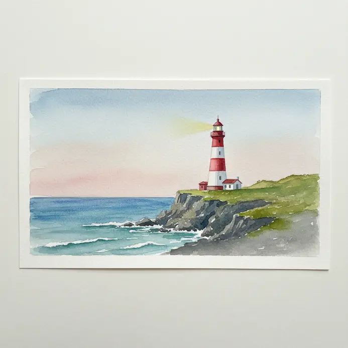 A lighthouse on a coast with even, smooth washes of watercolor for the sky, sea, and land.