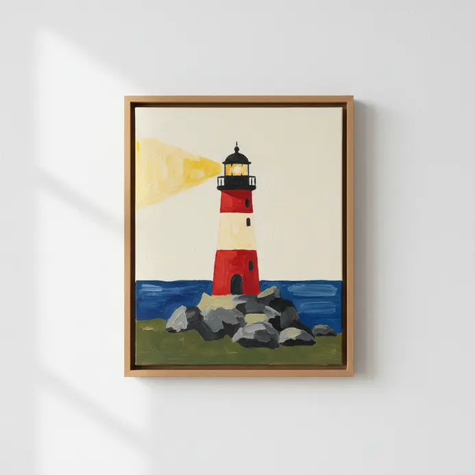 A lighthouse on rough rocks depicted with opaque gouache paints in a simplified, graphic style.
