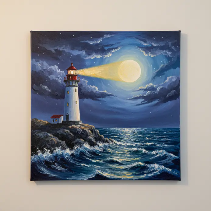 A lighthouse on a cliff with a glowing beam of light illuminating a dark sky with a full moon in an acrylic painting.