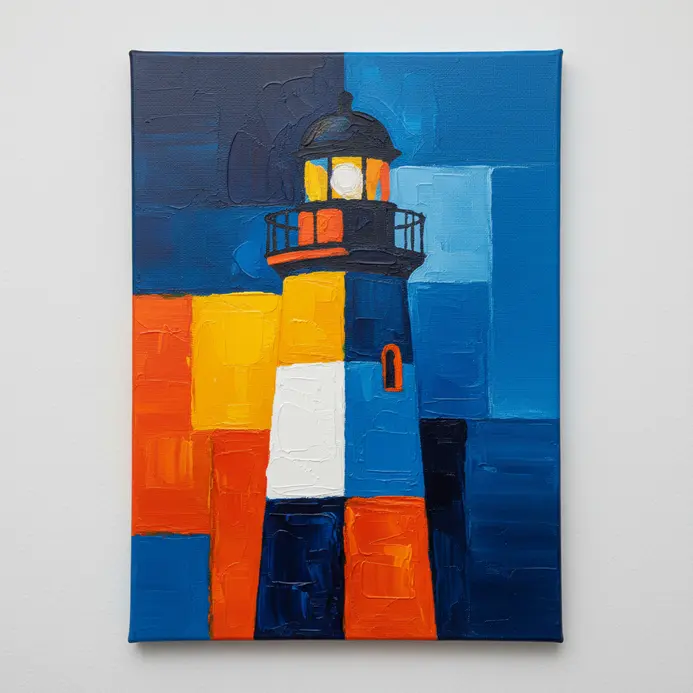 A lighthouse composed of simple geometric shapes in vibrant block colors on a solid background.