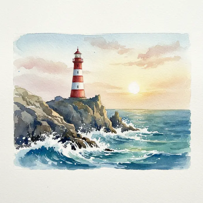 A lighthouse perched on a rocky cliff with blue watercolor waves crashing below in a seascape painting.