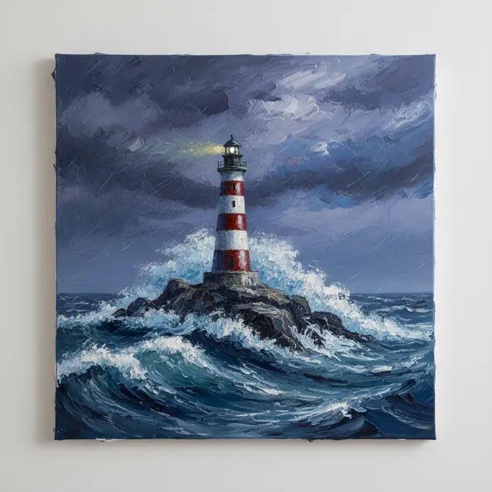 A textured painting of a lighthouse amidst turbulent gray waves and dark clouds created with a palette knife.