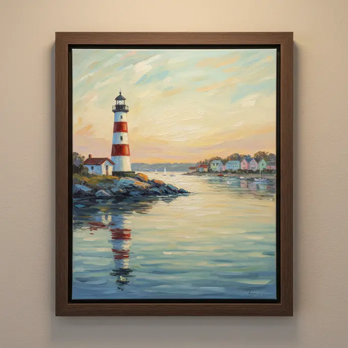 A lighthouse overlooking a tranquil harbor with smooth water rendered using soft brushstrokes in acrylic.