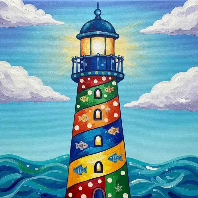 A stylized lighthouse in vivid, non-traditional colors like pink and yellow against a cheerful background.