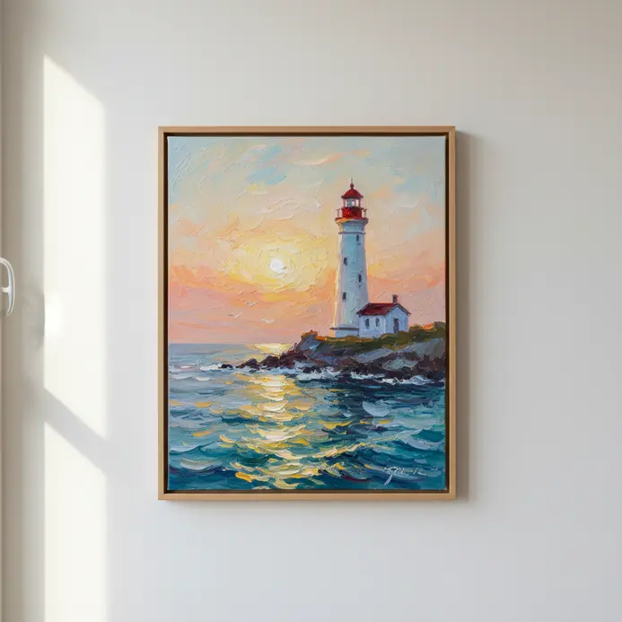 A lighthouse at sunrise depicted with loose, blended strokes of orange and blue in an impressionistic style.