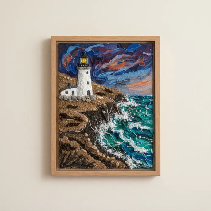 A lighthouse beacon created with layered textures using acrylic paint, collage elements, and added materials for depth.