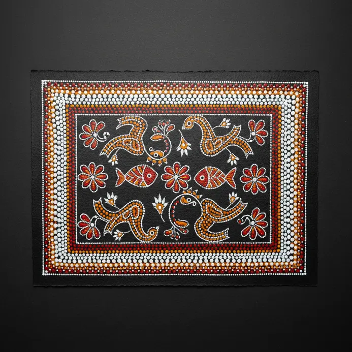 A thick concentration of small black filler dots is applied tightly against the inner double borders.