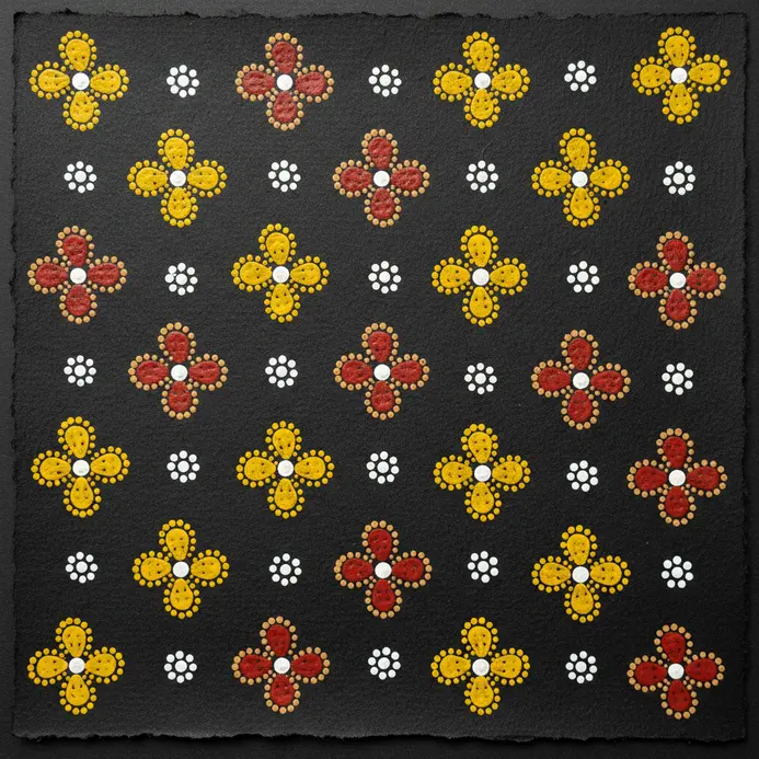 Simple four-petal flowers drawn in black ink occupy the empty space surrounding the central lotus motif.