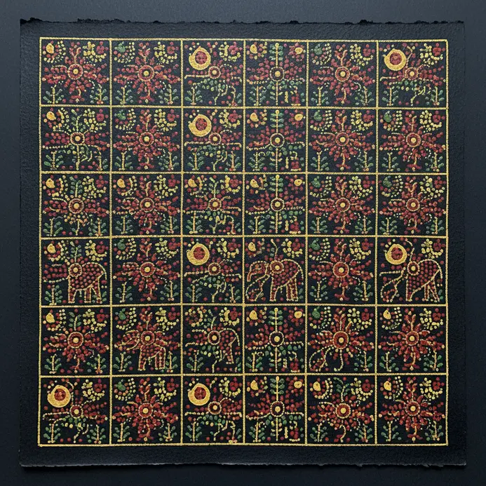 The complete composition displays intense structured internal patterns showing balanced density throughout the filled zones.