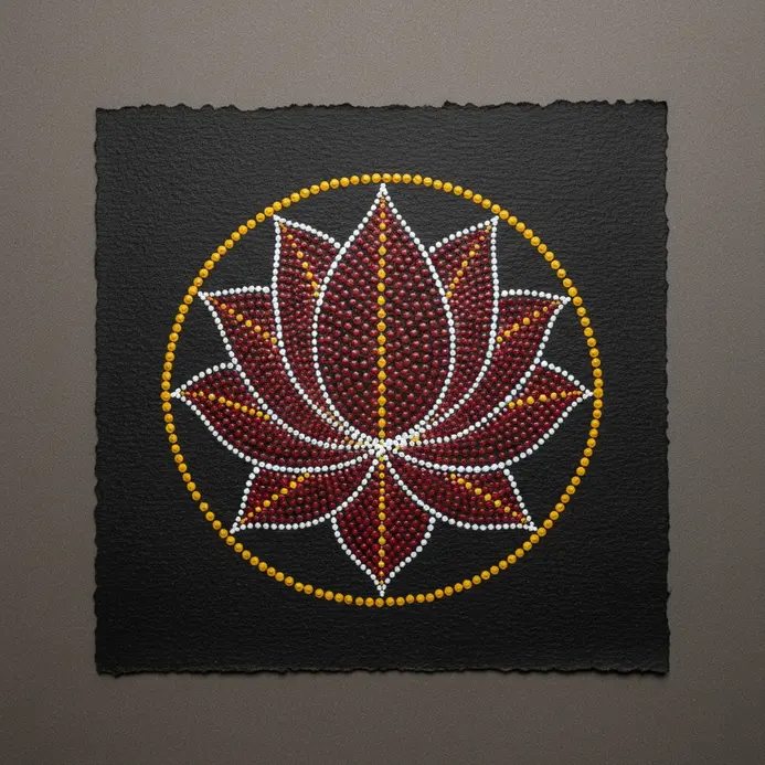 A crisp black ink silhouette of a single lotus flower positioned centrally on thick artist paper.