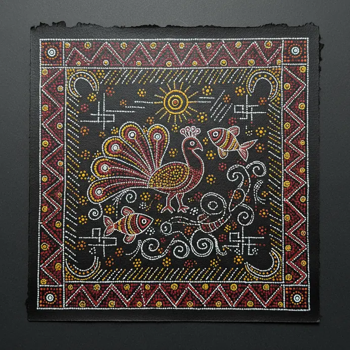 The outermost frame features completely finished solid black edges showcasing traditional geometric folk art aesthetics.