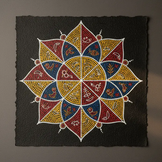 Thick ink lines divide the central lotus petals into multiple distinct interior compartments for decoration.