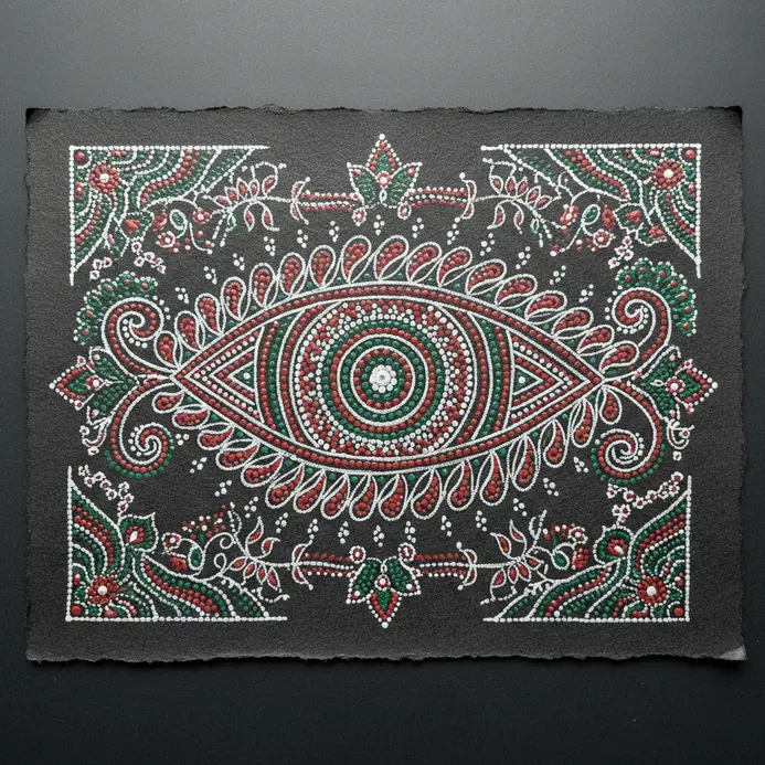 A large stylized eye with heavy black eyelashes drawn inside the central motif using fine liners.