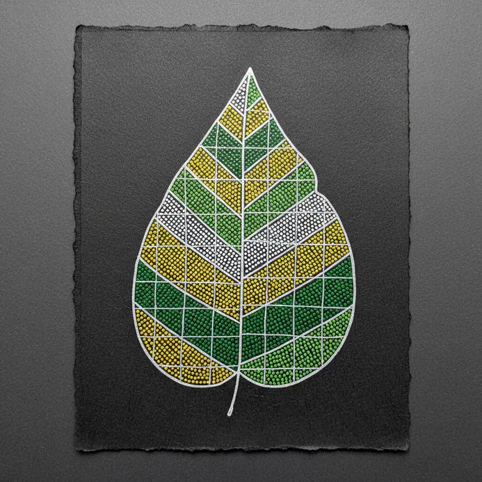Intersecting sets of thin black ink lines form a cross-hatched grid pattern inside a leaf segment.