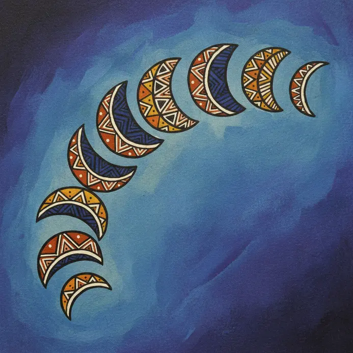 A stylized depiction of angular moon phases constructed from bold geometric shapes and dark ink lining.