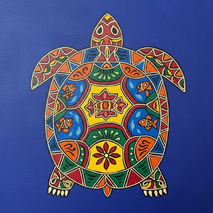 A traditional tortoise motif centered on the page filled with segmented shell patterns and bright acrylic paints.