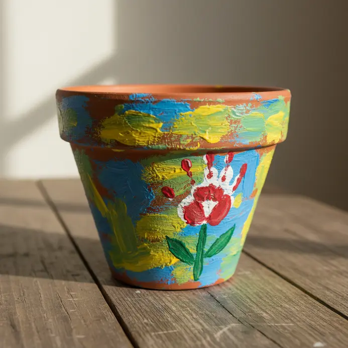 A small terracotta pot painted white with a red child handprint shaped into a flower with a green stem.