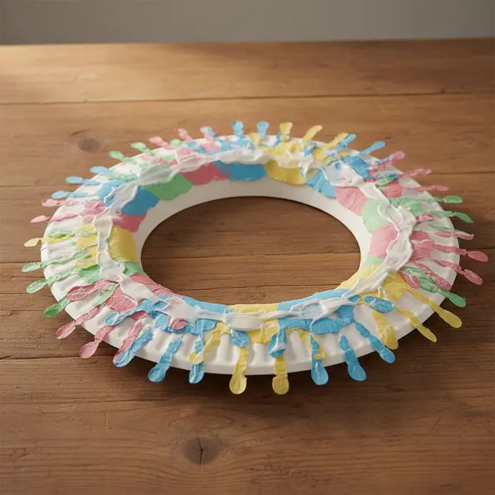 A green paper plate wreath covered with multi-colored child handprints and a yellow paper bow at the top.