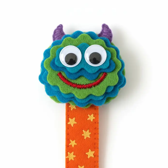 A yellow foam rectangle bookmark with two large googly eyes a red paper mouth and orange yarn hair on top.