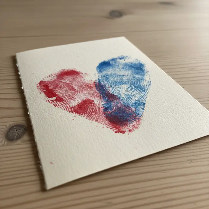 A white folded card with a red heart outline filled with rainbow child fingerprints and a black paper border.