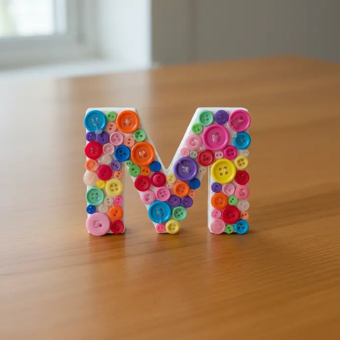 A wooden letter A covered in blue and white buttons of varying sizes arranged on a painted yellow base.