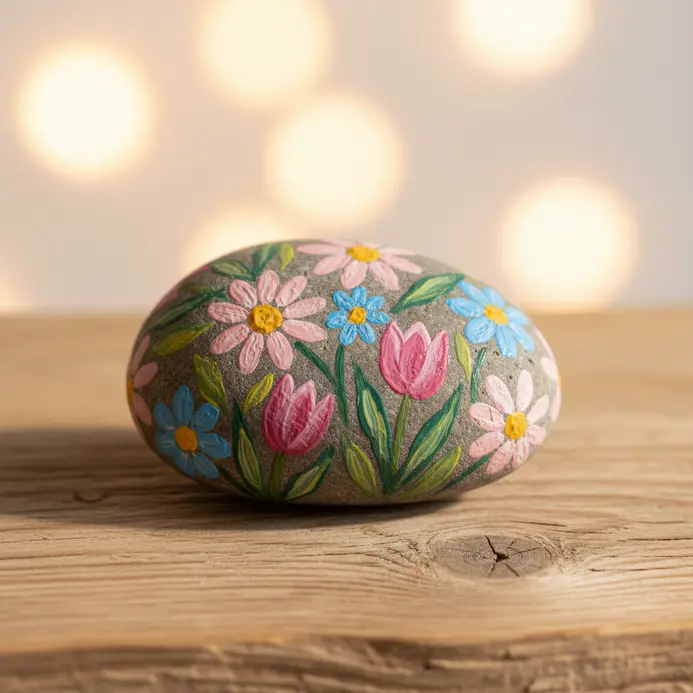 Three smooth oval stones painted with bright floral patterns and ladybugs on a white windowsill ledge.