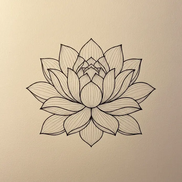 Contour line sketch of a lotus flower in black ink, emphasizing symmetrical petal curves and a central bud.