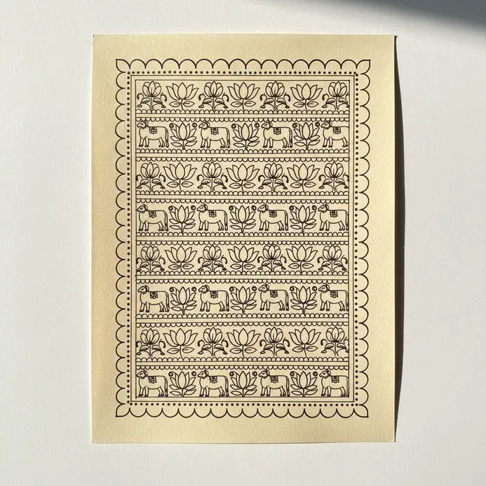 Set of decorative Pichwai border patterns drawn in fine-liner pen, featuring scalloped edges and repetitive shapes.