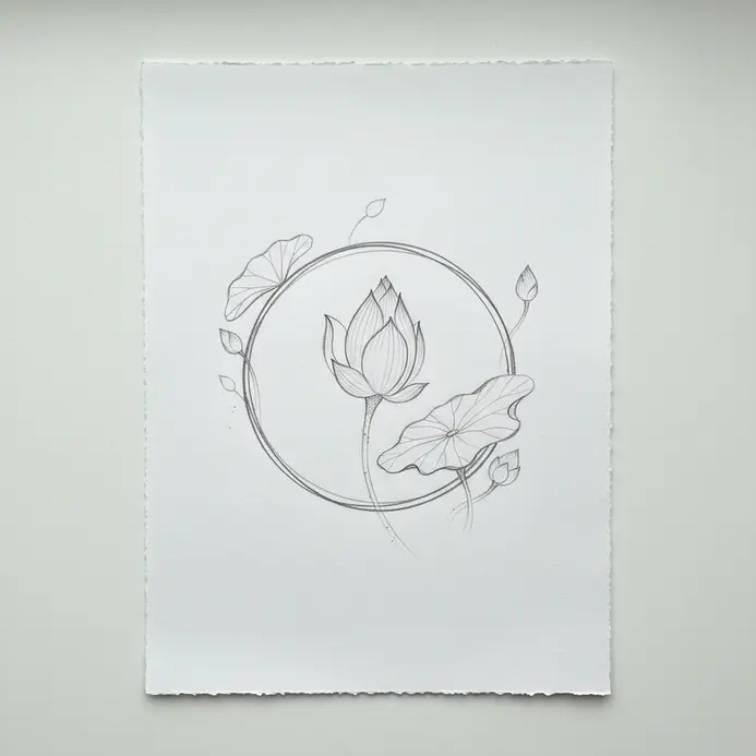 Pencil sketch of a single minimalist lotus bud outline on white drawing paper.