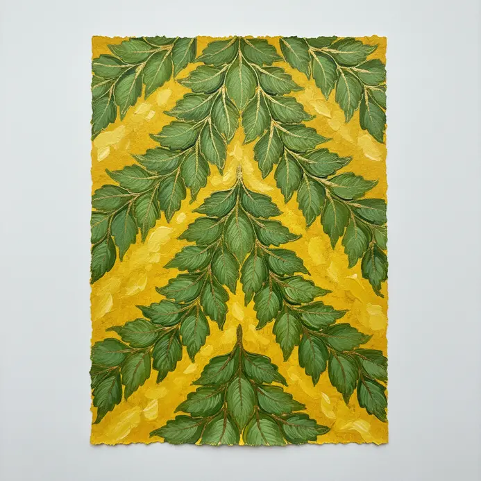 Garland pattern composed of basic green leaves draped across a yellow background.