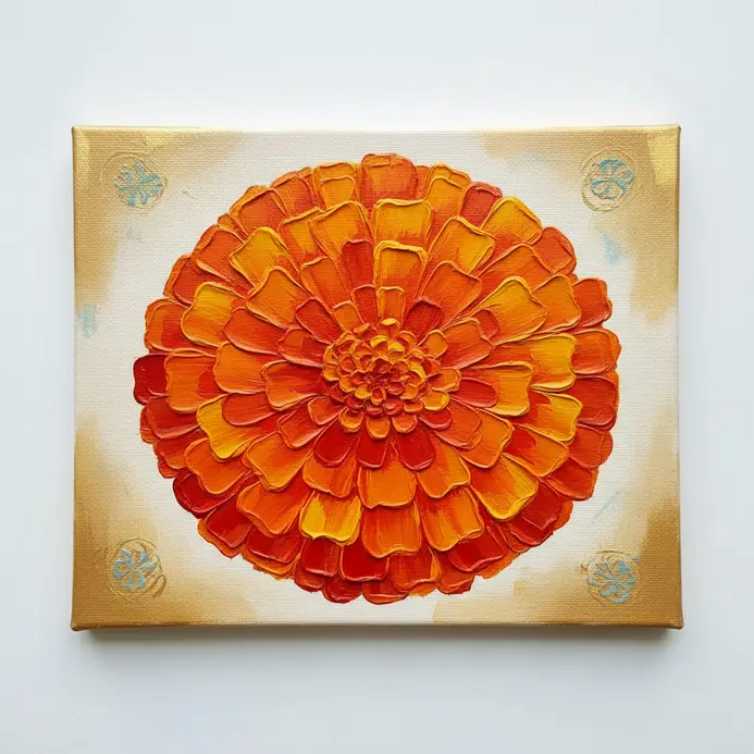Acrylic painting of a singular bright orange marigold flower head showing textured layered petals.
