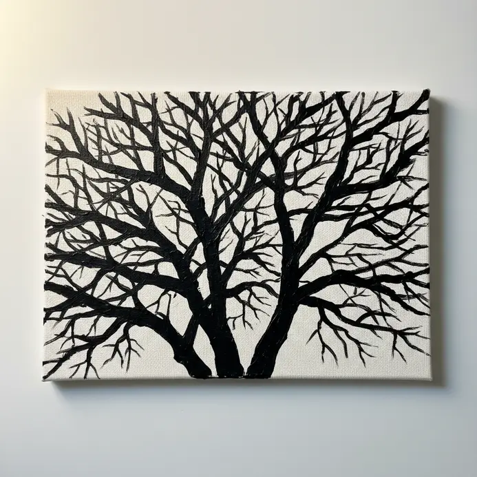 Dark black abstract tree branch painted as a stark silhouette against a neutral gray background.