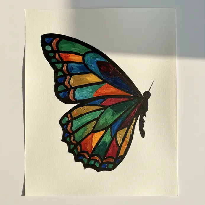 Singular butterfly wing painted with delicate colorful geometric patterns and sweeping black edges.