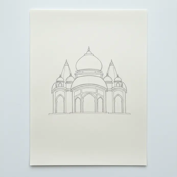 Pencil outline of sweeping architectural arches and temple domes drawn on plain paper.