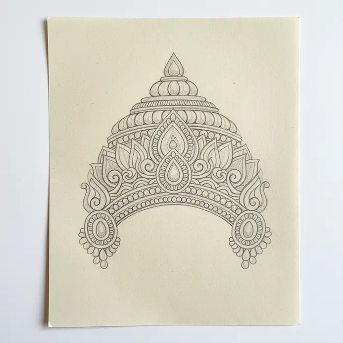 Graphite sketch of an ornate Shrinathji crown with precise detailing on a flat surface.