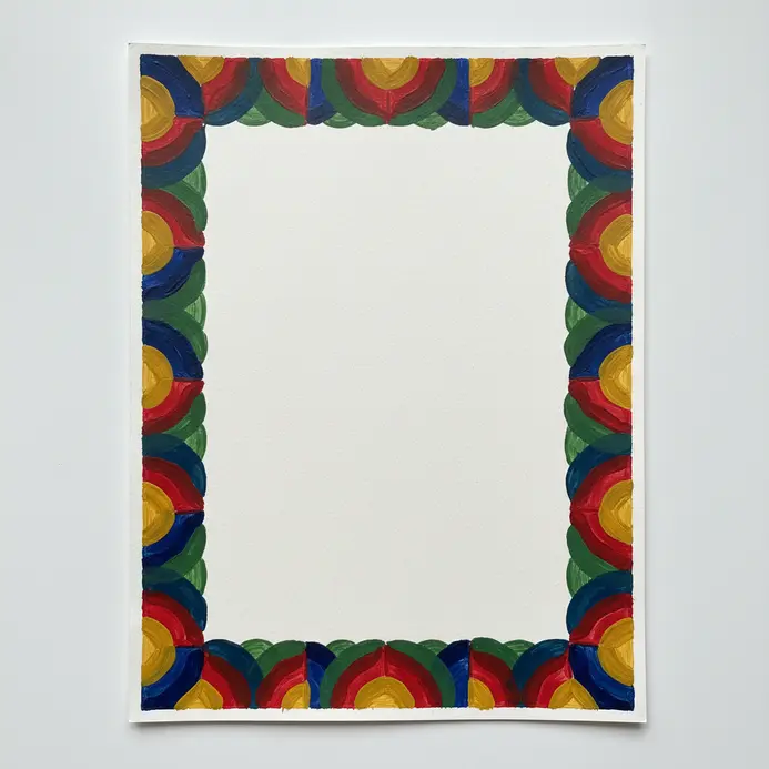 Painted border composed of interlocking half moon shapes in alternating contrasting colors.